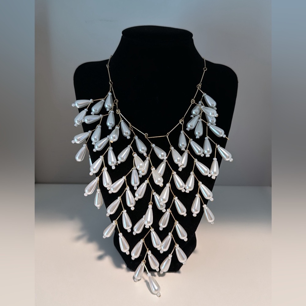 INC International Concepts - White / Pearl beaded Bib Necklace on Gold Chain